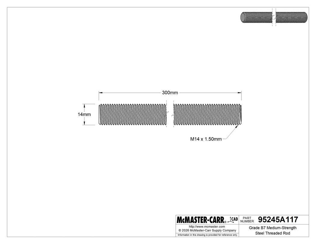 Technical Drawing of Grade B7 Medium-Strength Steel Threaded Rod, Fine-Thread, M14 x 1.5 mm Thread, 300 mm Long.